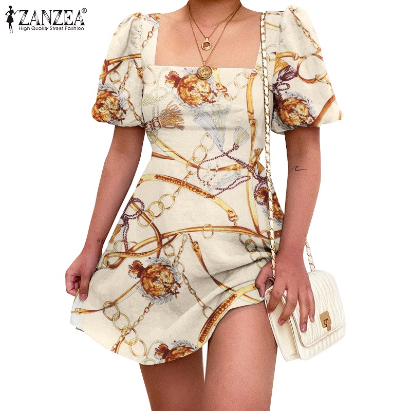 Đầm ngắn ZANZEA thời trang tay phồng cổ áo vuông họa tiết dây mắt xích in giản đơn dành cho nữ