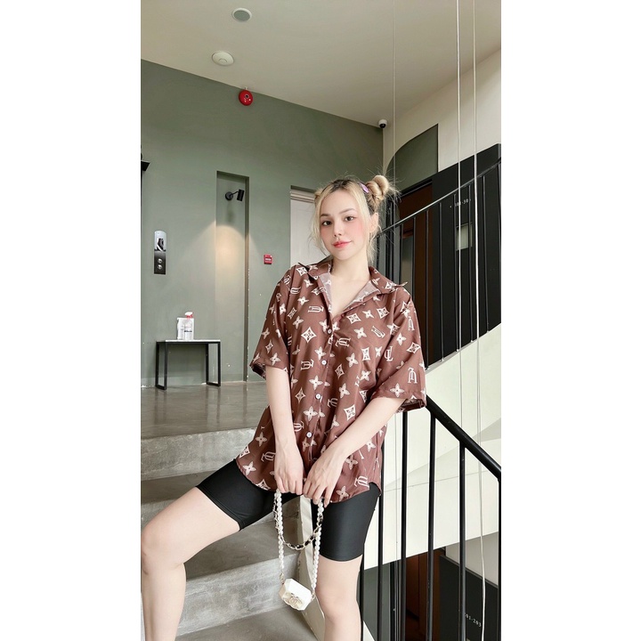 Sét bộ áo sơ mi form rộng in logo eo vì hiệu kín áo phối quần ngố thun cực hot , chất kate mềm mát alohashop91