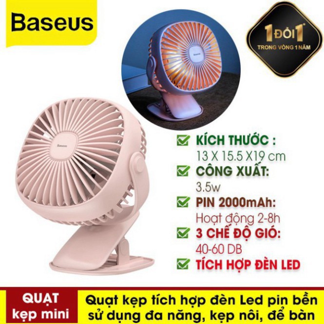 [CHÍNH HÃNG] Quạt Để Bàn Mini - Quạt Nhỏ Để Bàn Tích Điện Baseus Pin 2000mah Có Kẹp Tiện Dụng Tích Hợp Đèn Ngủ