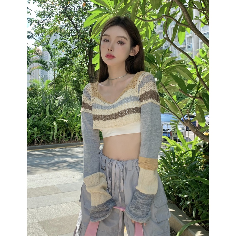 QKOOLE Áo croptop  dệt kim tay dài phong cách cổ điển Hàn Quốc cho nữ