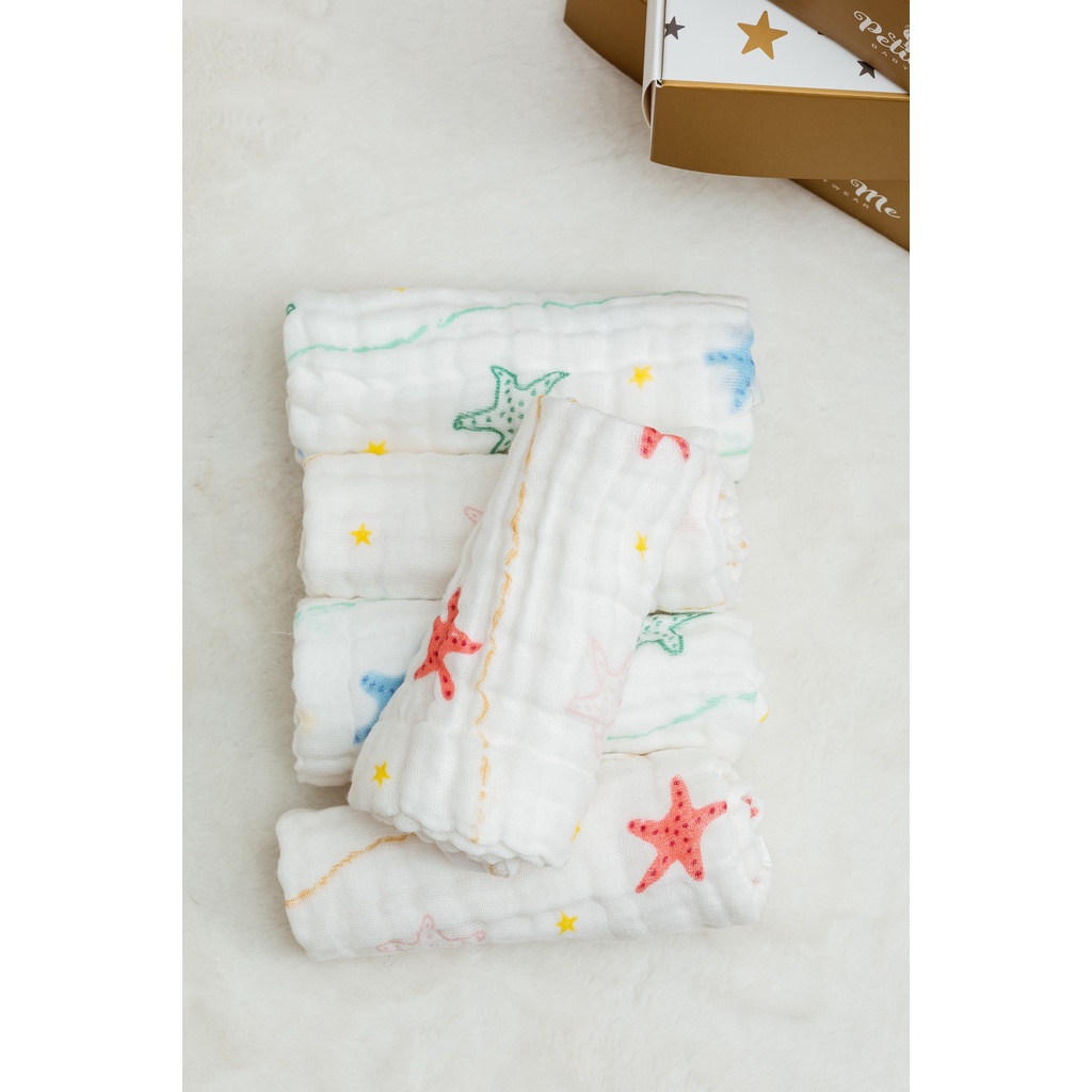 Set 6 khăn sữa cao cấp Petit Me, chất liệu xô muslin 6 lớp dày dặn, mềm mại cho bé