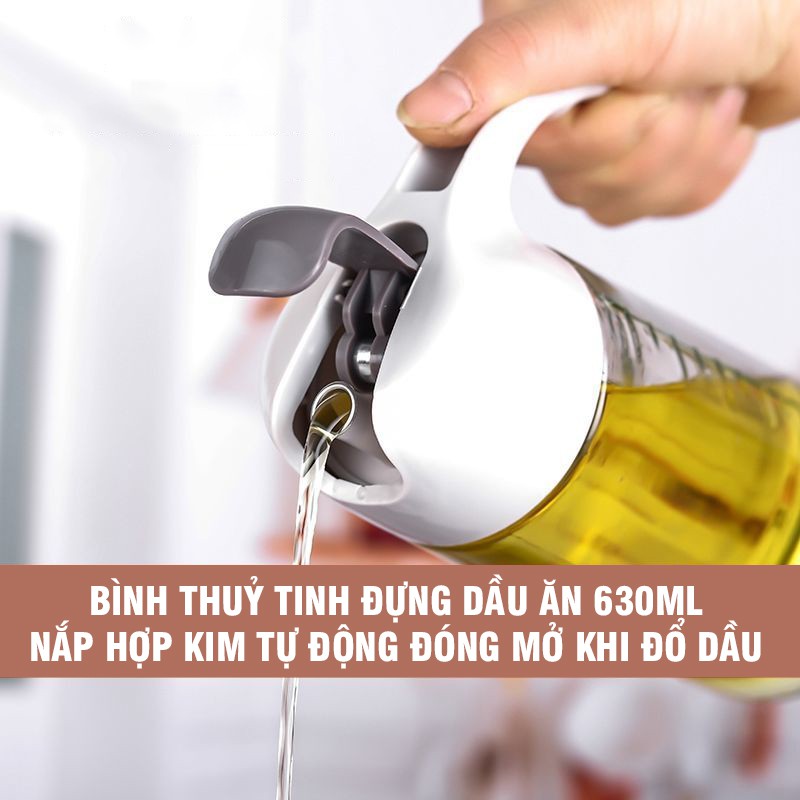 Bình Thủy Tinh Đựng Dầu Ăn 630ml Nắp Hợp Kim Tự Động Đóng Mở Khi Đổ Dầu