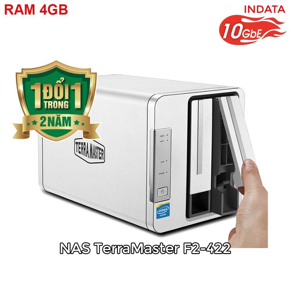 Bộ lưu trữ mạng NAS TerraMaster F2-422, LAN 10Gbps, Intel Quad-Core 1.5GHz, 4GB RAM, 651MB/s, 2 khay ổ cứng RAID