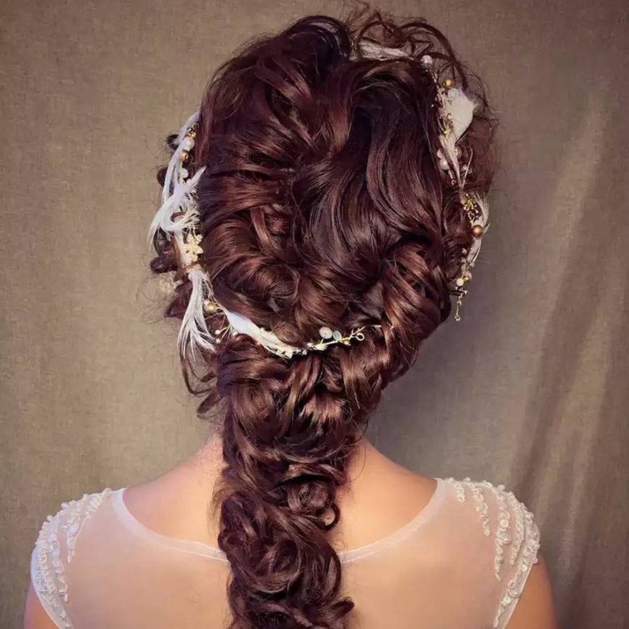 Băng đô đính ngọc trai giả và lông sang trọng thanh lịch phong cách Hàn Quốc cho cô dâu