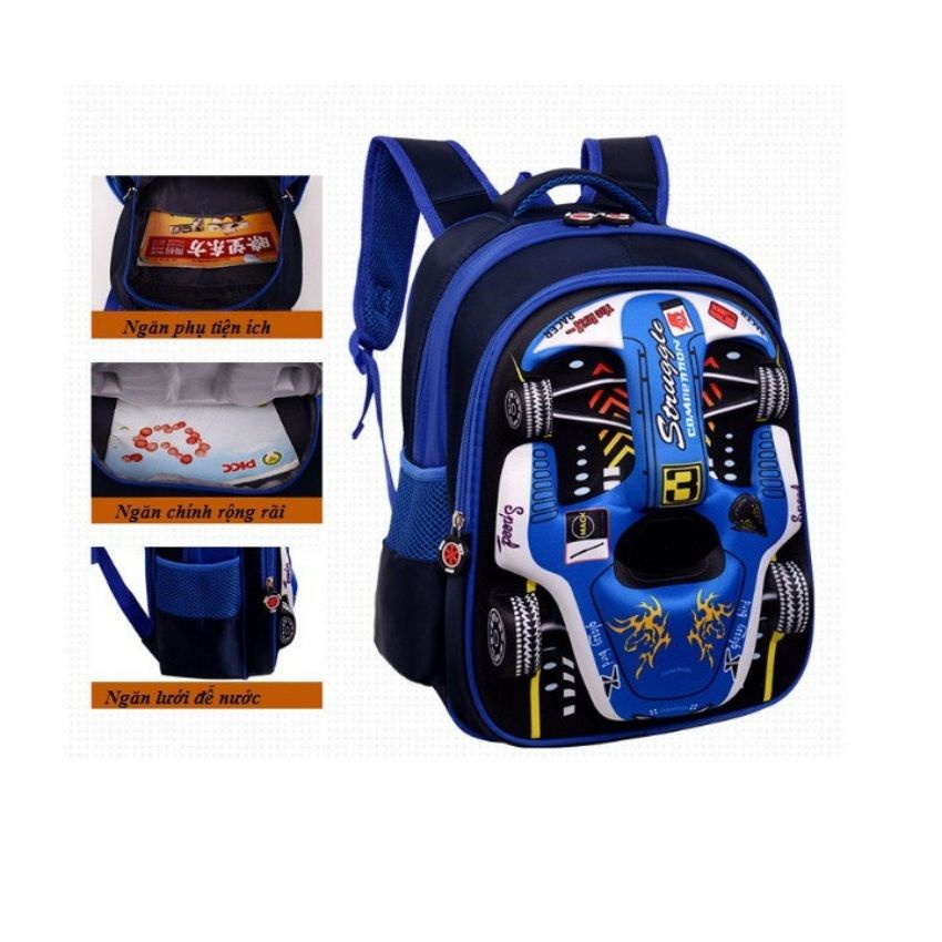 Balo học sinh nam đi học siêu nhẹ, chống thấm nước cao cấp in hình oto size 38cm BLHS12