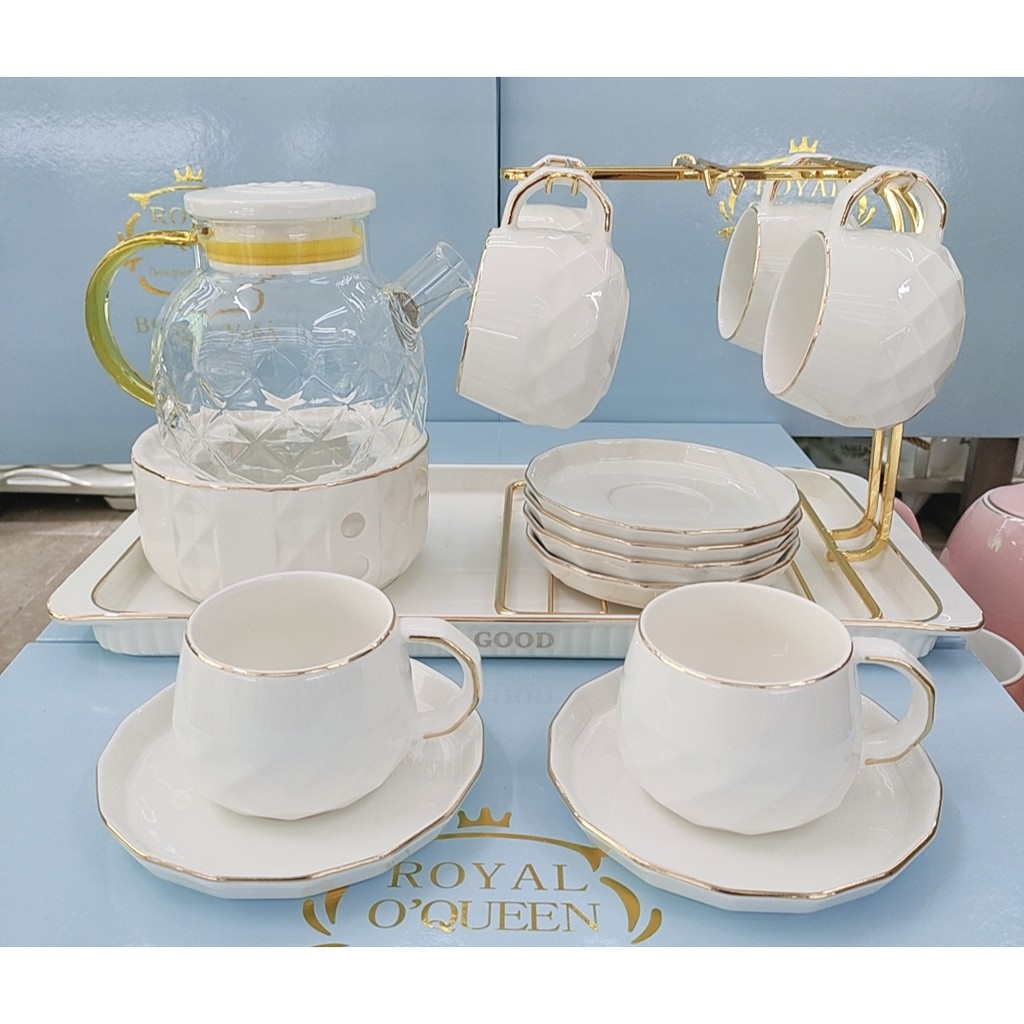 BỘ ẤM CHÉN CÓ LÓT TÁCH KÈM KHAY VÀ BẾP CHÂM TRÀ MÀU TRẮNG VIỀN VÀNG