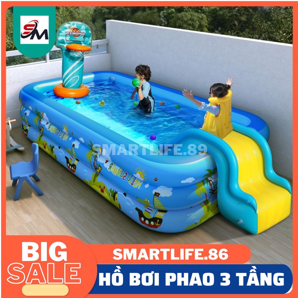 Bể bơi thành cao cho bé 3 tầng hồ phao trẻ em bơm hơi tại nhà chống trượt bền bỉ an toàn cho bé smartlife.86