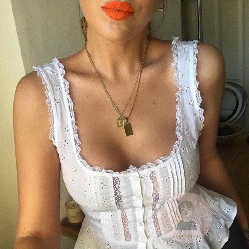 Áo Tank Top Cổ Vuông Không Tay Phối Ren Thêu Họa Tiết Xinh Xắn Thời Trang Mùa Hè Cho Nữ