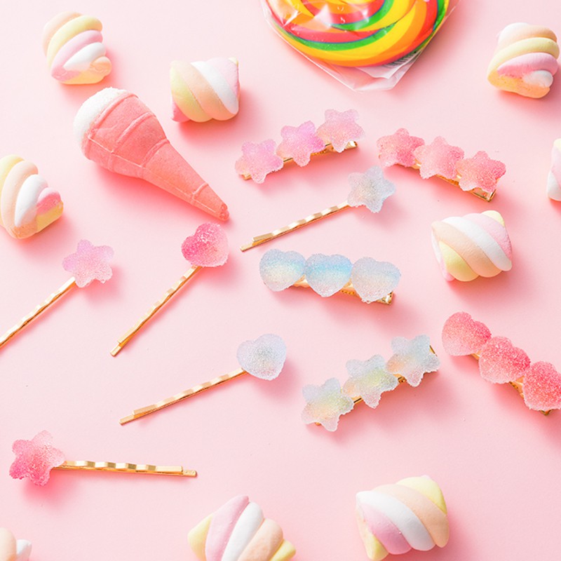 Set 2 Kẹp Tóc Kẹo Dẻo Jelly Màu Gradient Hình Trái Tim Và Ngôi Sao Siêu Yêu