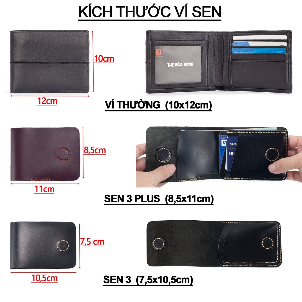 Ví sen 3 PLUS Bụi Leather da bò Pullup, màu đen, nâu - V123, bảo hành 24 tháng