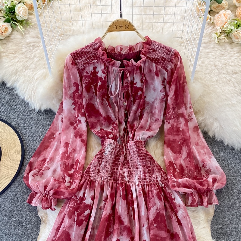 Đầm tay dài chiết eo váy màu loang chất voan có lót trong