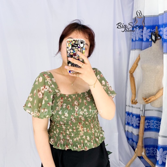 [Shop bigsize nữ ] Áo kiểu bigsize: Áo nhún hoa nhí tay cánh tiên bigsize 55-85kg (Có 3 size: L/XL/XXL)