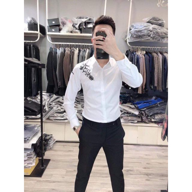 Áo sơ mi nam dài tay thêu chim vai+ ống tay