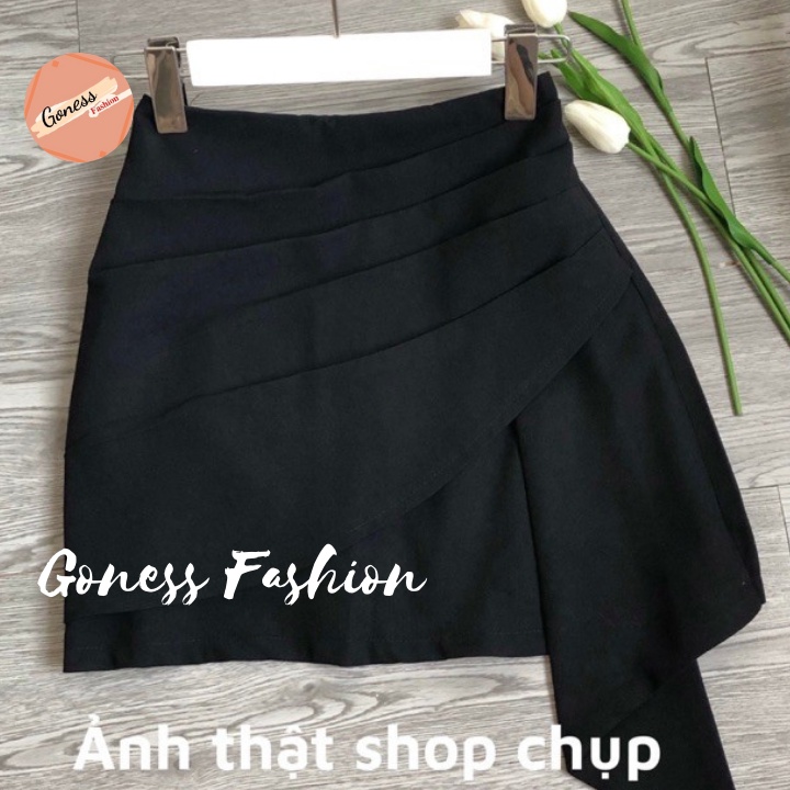 Chân váy ngắn xếp ly Goness dáng chữ a chất liệu vintex vạt lệch QC504