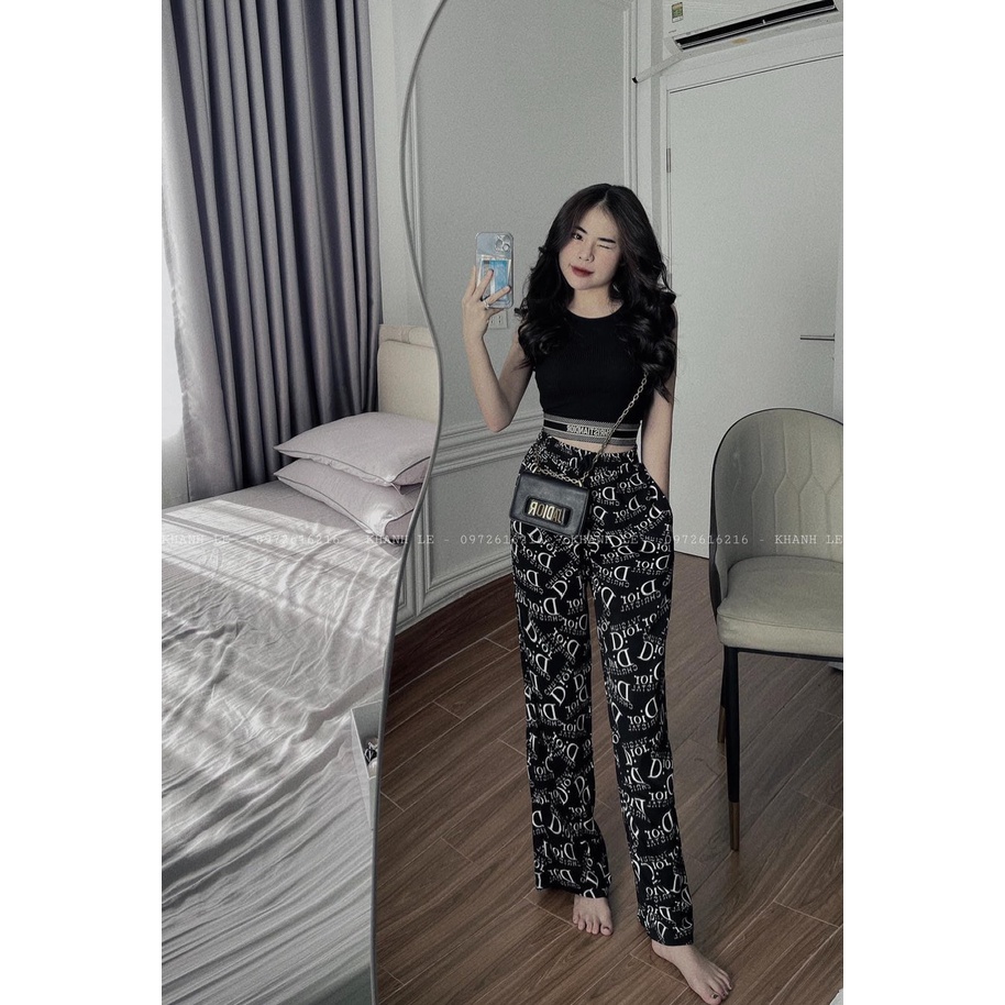 Set bộ croptop bo dệt chữ quần ống rộng họa tiết chữ DN100