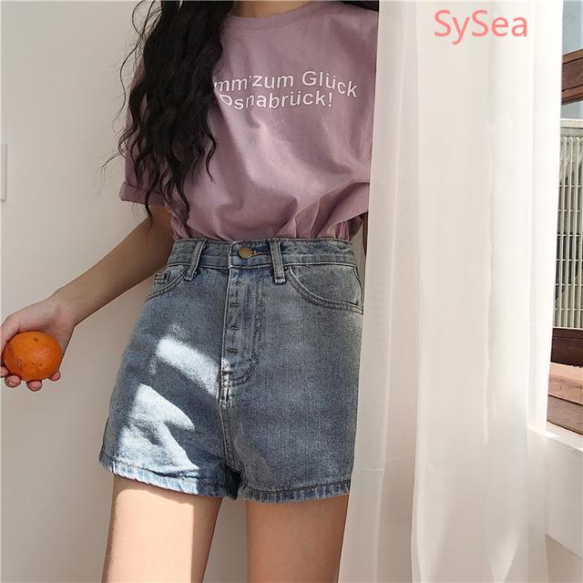 Quần short denim lưng cao ống rộng phong cách thời trang mùa hè cho nữ