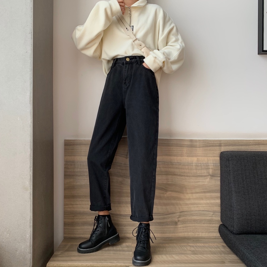 DUNEA Quần Denim Eo Cao Dáng Rộng Thời Trang L0329