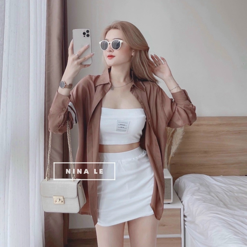 [Sales FreeShip] Set Bộ 3 Món Đi Chơi Nữ Chân Váy Ngắn Mix Áo Borip Khoắc Lụa Cúp Ngực Khoác Sơ Mi Tay Dài Quốc Dân