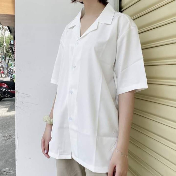 Áo sơ mi Trắng Đen Cổ Vest ngắn tay form rộng unisex nam nữ vải lụa vnn | BigBuy360 - bigbuy360.vn