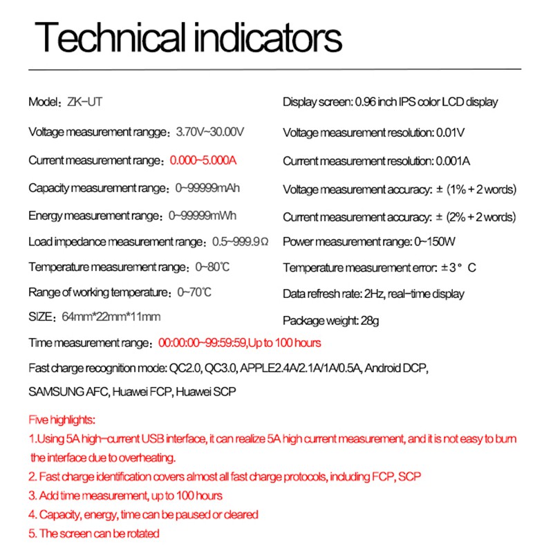 Digital USB Tester Measures Voltage/Current DC 3.7V ~ 30V 0-5A QC 2.0 3.0 FCP AFC DCP