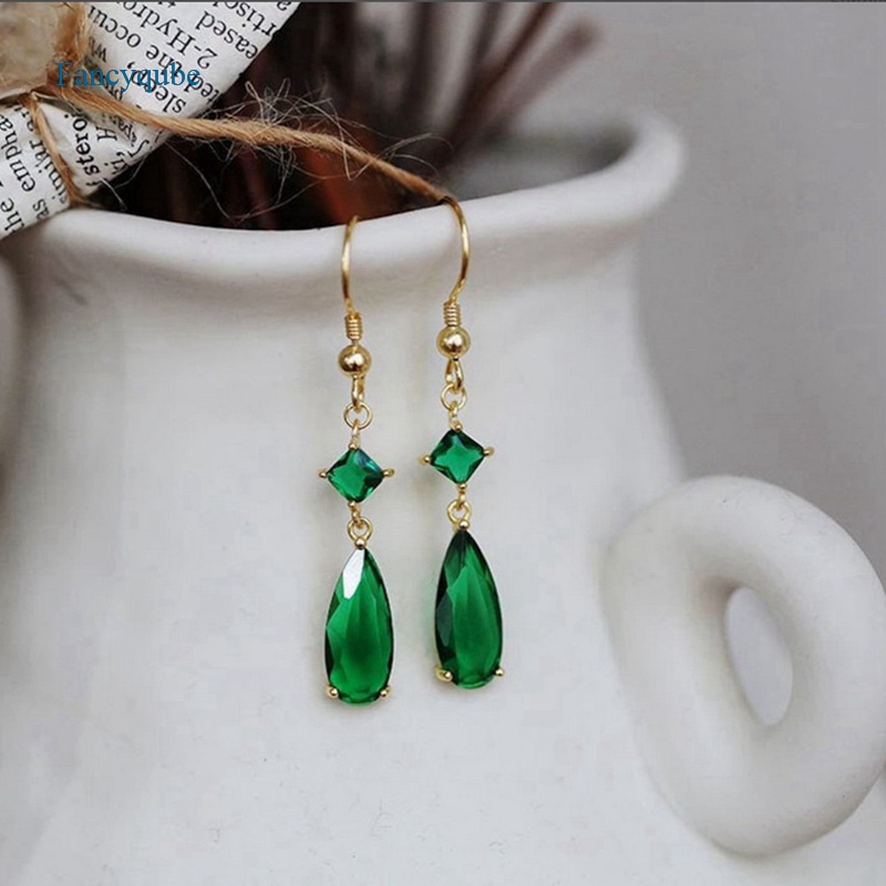 Khuyên tai dáng dài đính đá zircon hình giọt nước màu tím xanh lá sang trọng thời trang cho nữ