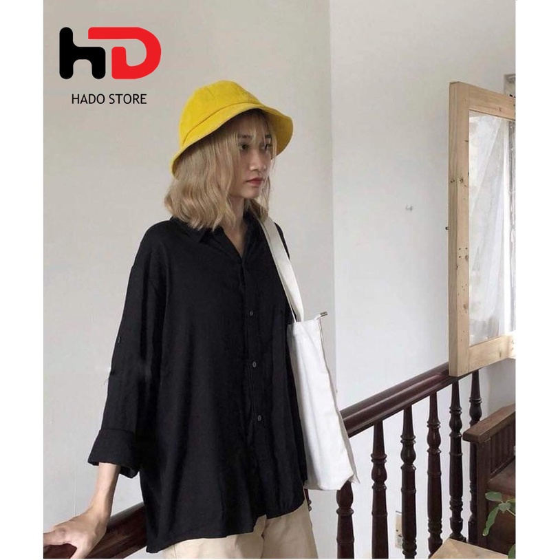 Áo sơ mi nam nữ dài tay Unisex Basic TRƠN Form rộng màu trắng và đen Chất cotton lụa mịn mát Bigsize HADO Store