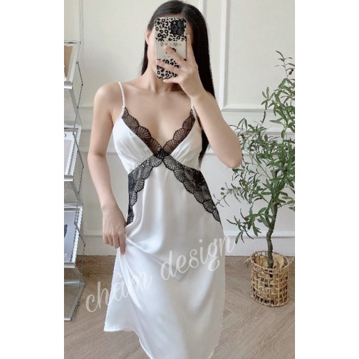 váy ngủ lụa satin dáng dài pha ren đen to nổi bật phần ngực,hàng thiết kế độc quyền tại shop