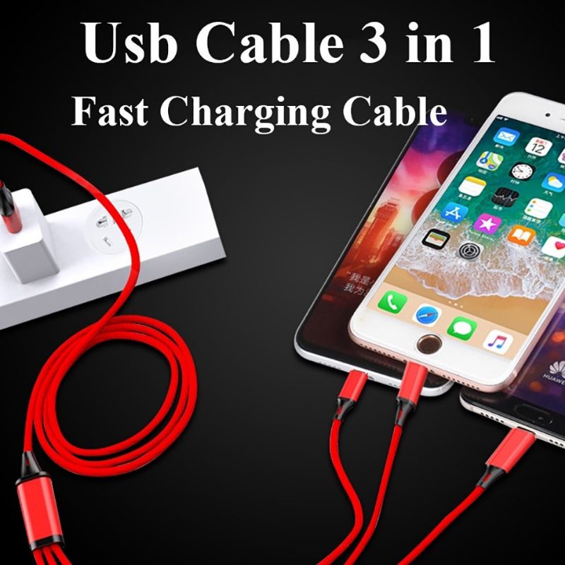 Dây cáp sạc nhanh 3 đầu bọc dù cao cấp tương thích với tất cả loại máy