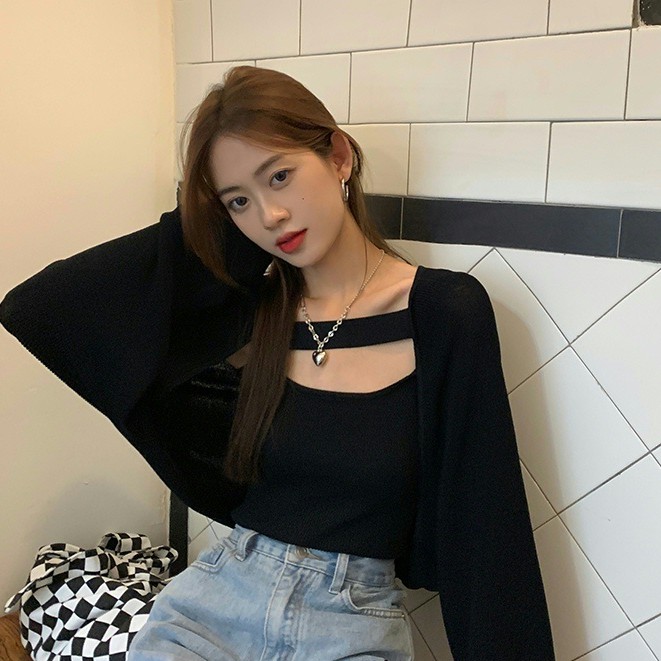 QADCOL Set Áo Dệt Kim Tay Dài Và Áo Hai Dây Thời Trang Cho Nữ