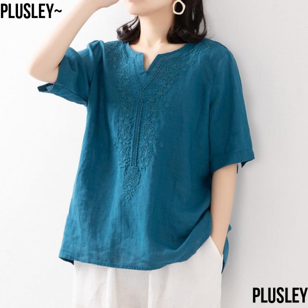 Áo Thun Cotton Lanh Tay Ngắn Cổ Chữ v Thêu Họa Tiết Thời Trang Mùa Hè Kiểu Mới Cho Nữ