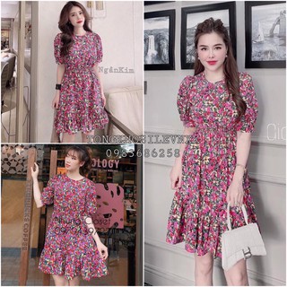 Váy suông hoa hồng 3 tầng chun eo - đầm maxi đũi hoa xòe hot hit