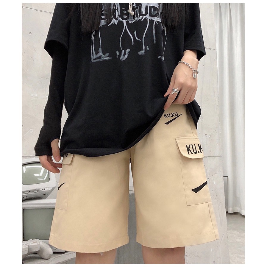 Cargo pants Large size shorts Korean version of the high-waisted slim ins trendy straight women Summer loose-fitting sports five-point s casual