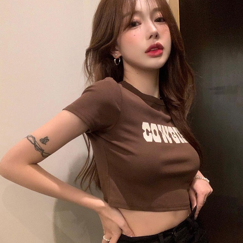 Áo thun XINLANYASHE lửng tay ngắn phong cách retro dành cho nữ