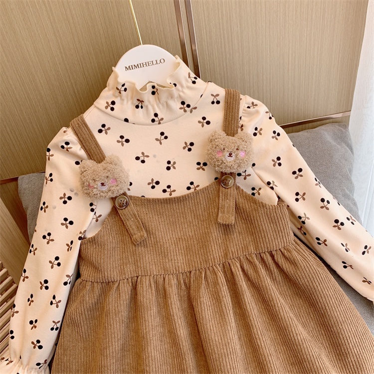 Váy Bé Gái 2 Chi Tiết Vintage Váy Dài Tay Thu Đông Yếm Nâu Đất Nhung Tăm Cao Cấp Cho Bé Dự Tiệc Diện Tết Size 12-27 Kg