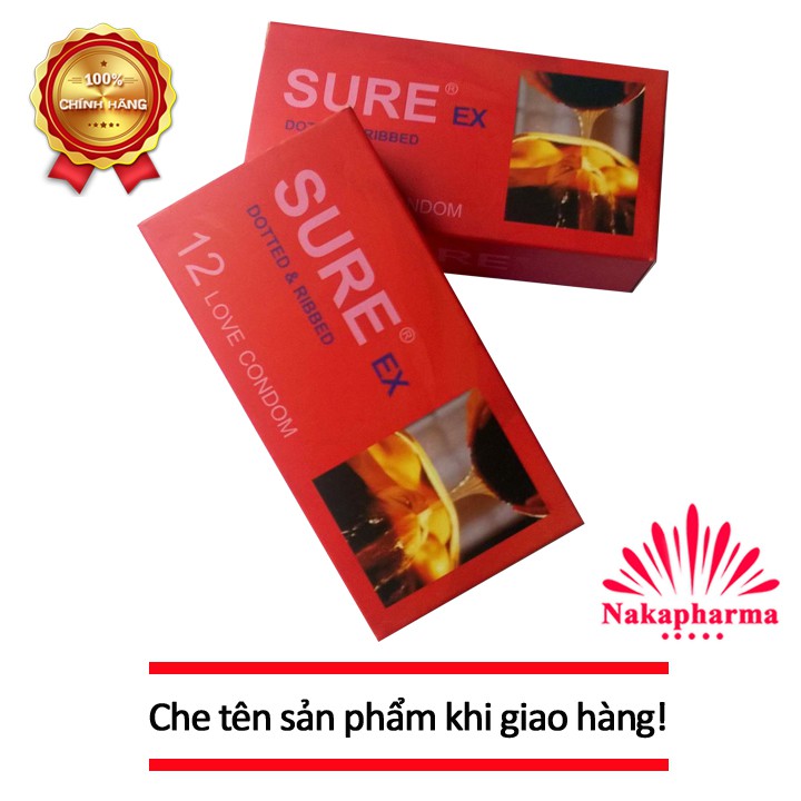 (CHE TÊN KHI GIAO) Bao cao su SURE mỏng, gân gai - Hộp 12 cái - BCS Sure đỏ