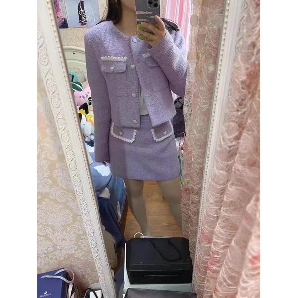 Set áo khoác và chân váy ngắn chữ A tweed tím nhạt tiểu thư