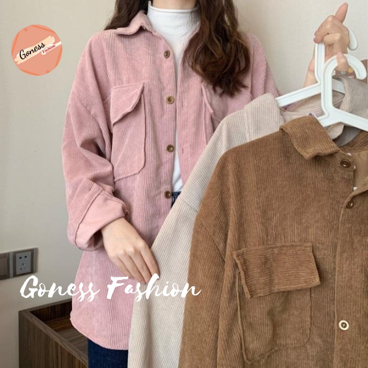 ♣✾Áo sơ mi nữ Goness dáng bomber phong cách khoác ulzang Hàn Quốc chất liệu nhung tăm đẹp AS02