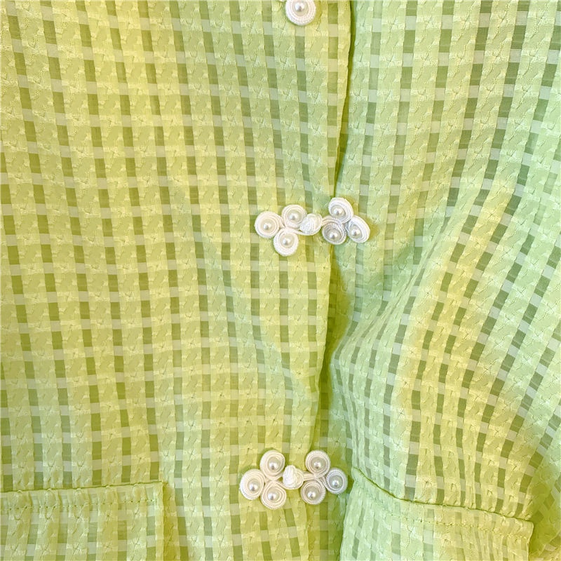 Áo Sơ Mi Ngắn Tay Cổ Vuông Họa Tiết Kẻ Ô Thiết Kế Mới Thời Trang Mùa Hè Theo Phong Cách Trung Hoa