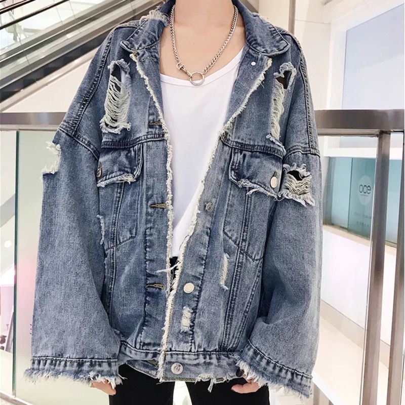 Áo Khoác Denim Dáng Rộng Phối Rách Kiểu Harajuku Hàn Quốc Cá Tính Cho Nam