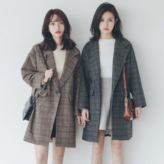 [Mua là có🎁] [Hàng sẵn nâu sz M]Áo khoác dạ kẻ sọc retro phong cách Hàn Quốc( kèm ảnh thật phía sau)