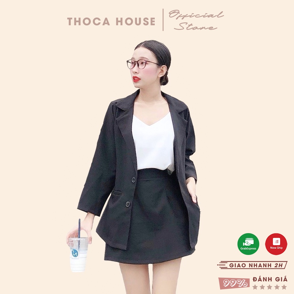 Set vest nữ - Áo blazer phối chân váy lưng thun đen trơn THOCA HOUSE freesize dưới 56kg phù hợp đi học, đi làm