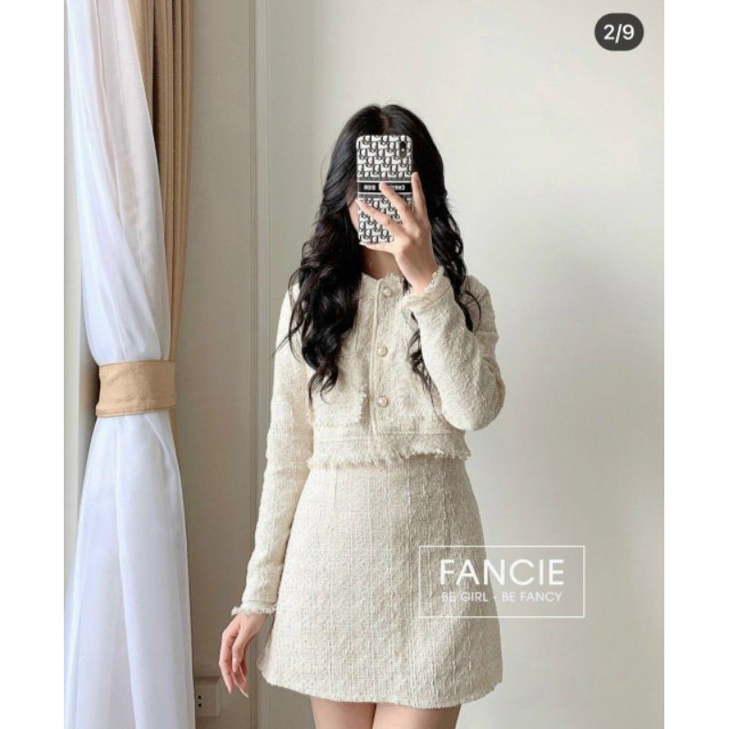 Set dạ tweed nude tay dài siêu xinh kèm ảnh thật MS123