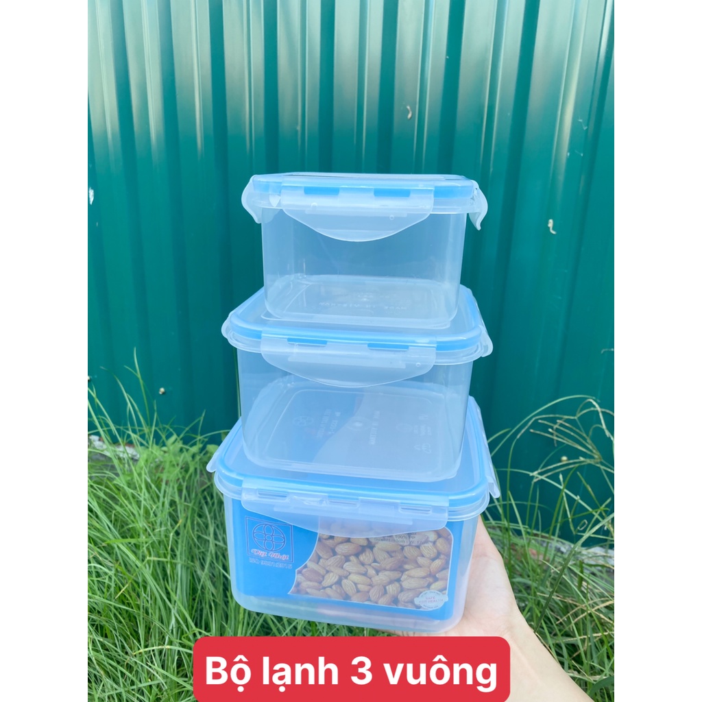 hộp thực phẩm bộ 3 khóa 4 cạnh, hộp lạnh đựng thức ăn nhựa việt nhật vuông-tròn