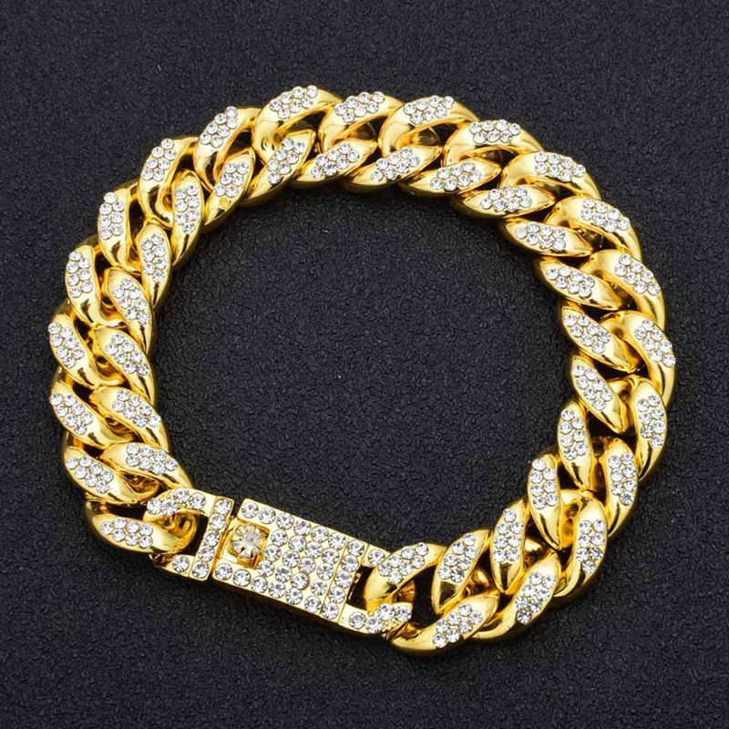 Mndatyt Vòng tay dây đồng dày nặng mạ bạc/vàng đính đá zircon dài 12mm phong cách hip hop cho nam