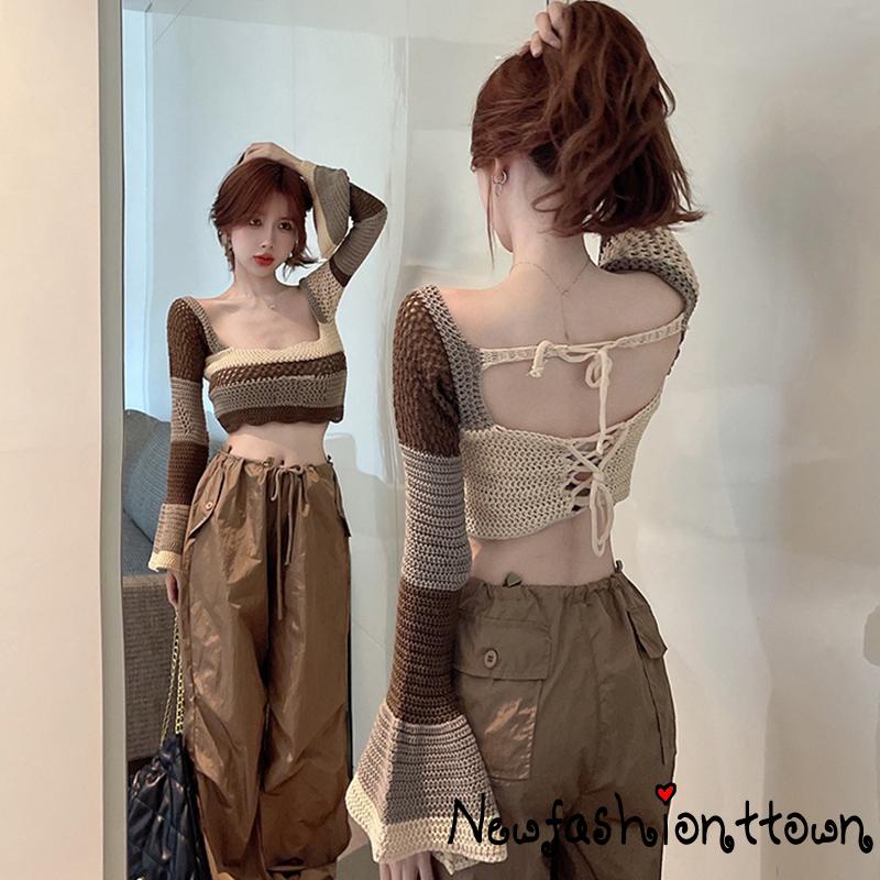 Áo Thun Lửng Tay Dài Màu Sắc Tương Phản Thời Trang Dành Cho Nữ
