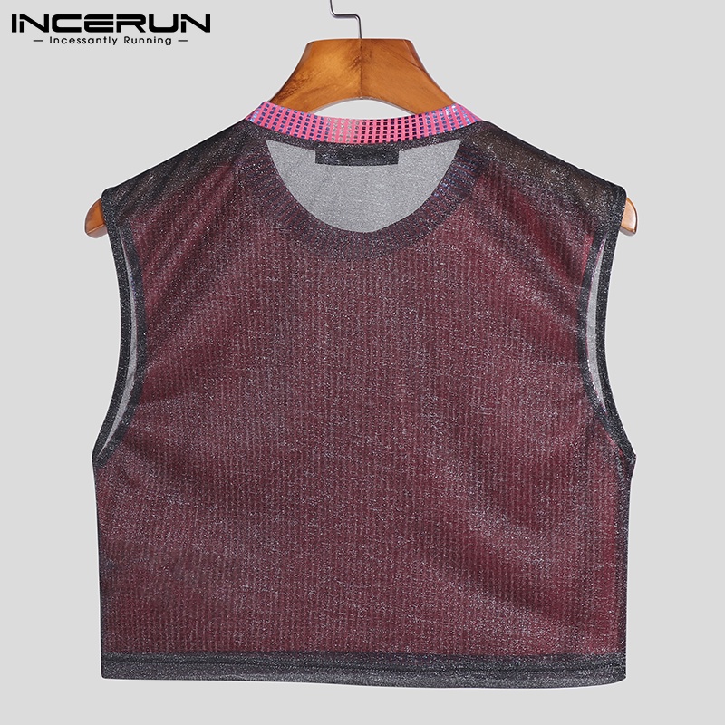 Áo croptop INCERUN sát nách cổ tròn đính kim sa lấp lánh thời trang dành cho nam