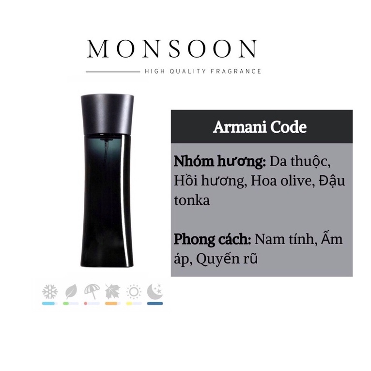 Nước hoa nam Armani Code Giorgio Armani EDP cao cấp Monsoon thơm lâu mùi hương ấm áp nam tính quyến rũ