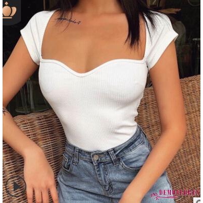 Áo thun cổ Y màu trơn dáng ôm vừa vặn gợi cảm cho nữ