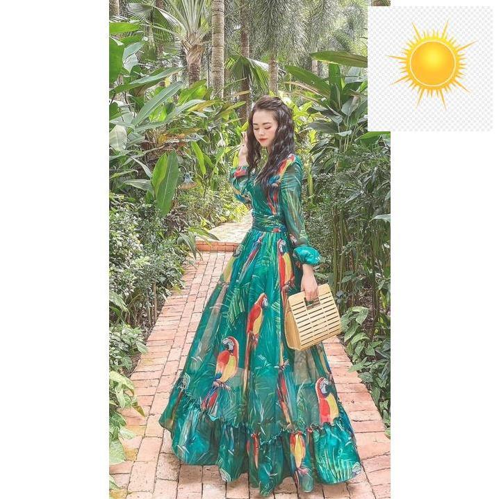 Đầm maxi đi biển váy maxi họa tiết vẹt xanh