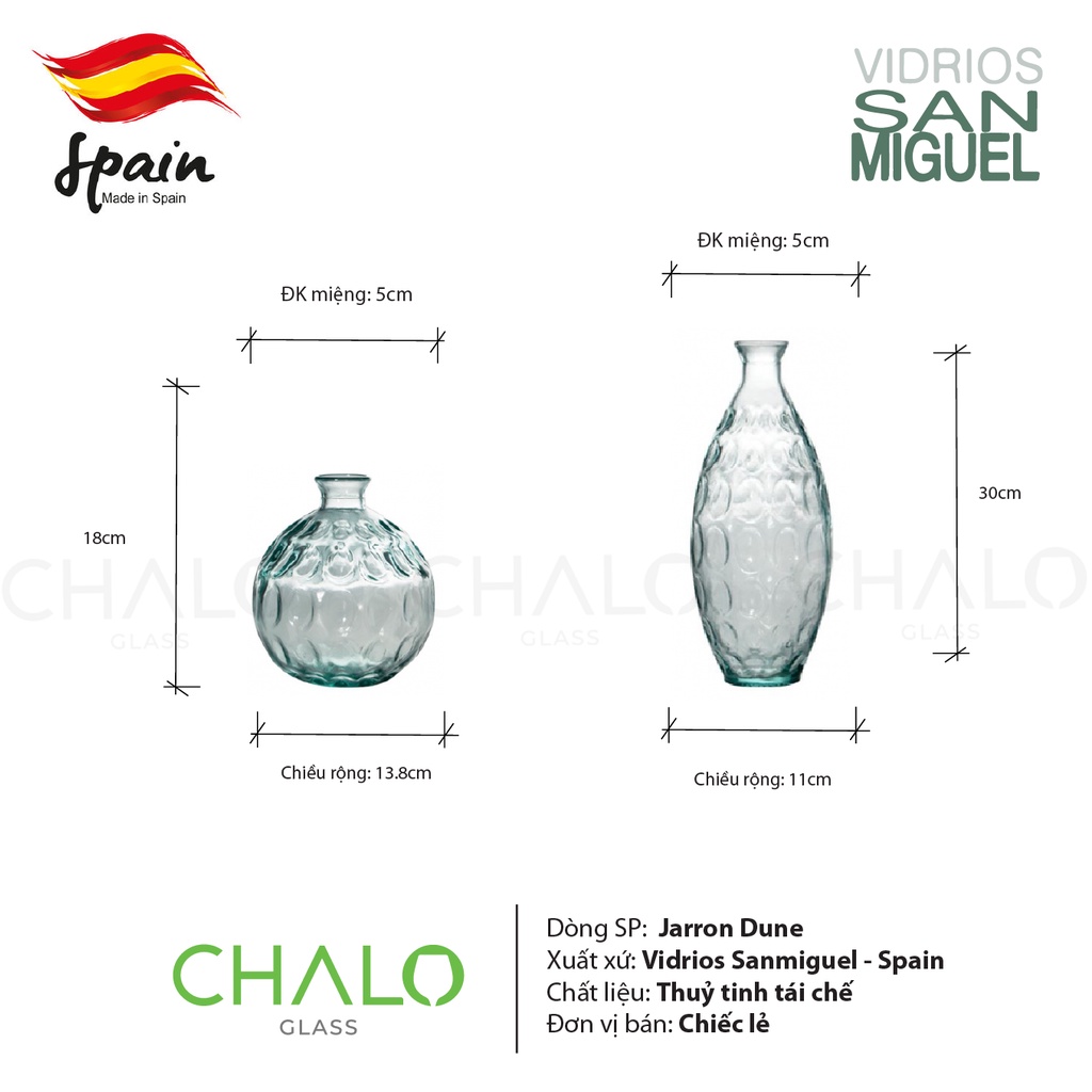 Lọ hoa thuỷ tinh tái chế Vidrios San Miguel  Jarron Dune  - 18cm ~ 31cm – V5594 &amp; V5595 - Made in EU